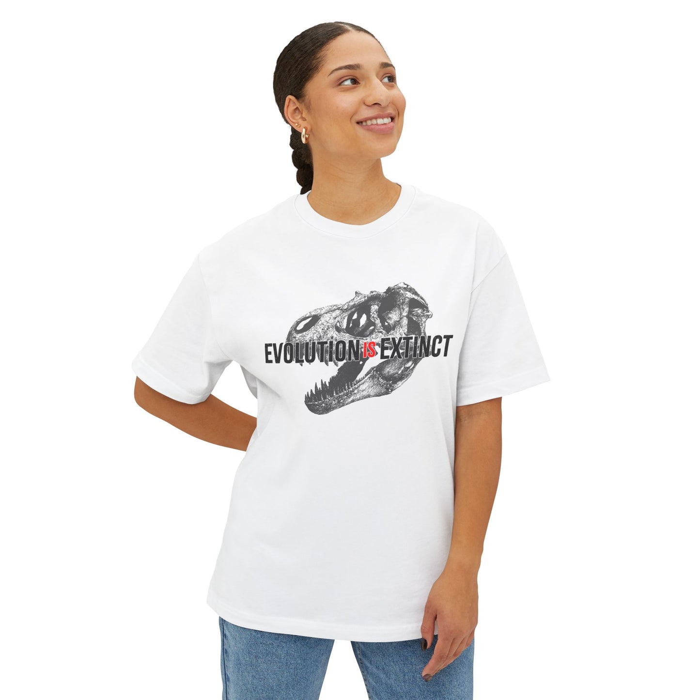 Unisex Boxy Tee - 'Evolution = Extinct' Graphic T-Shirt, Casual Wear, Trendy Outfit, Gift for Dinosaur Lovers, Eco-Friendly