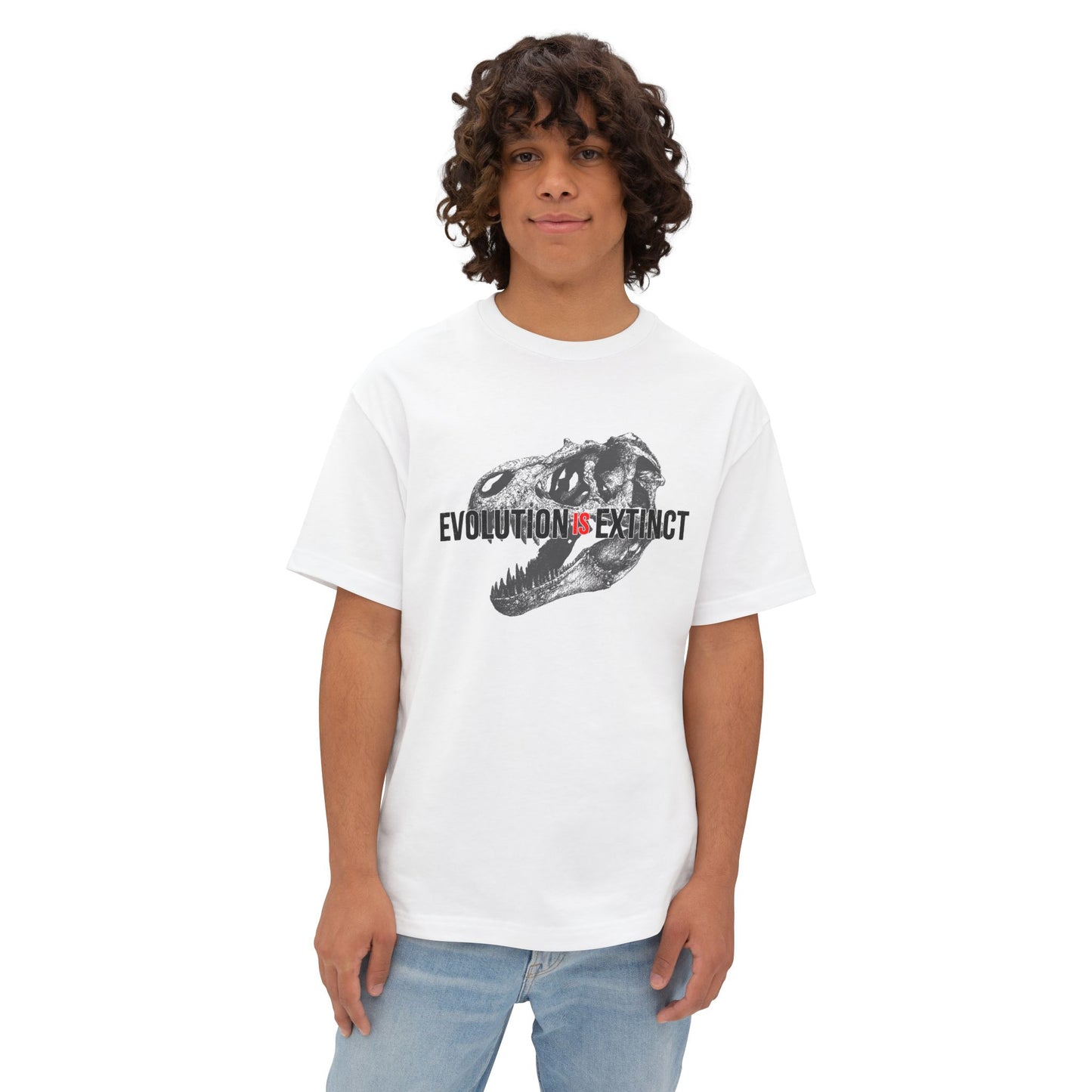 Unisex Boxy Tee - 'Evolution = Extinct' Graphic T-Shirt, Casual Wear, Trendy Outfit, Gift for Dinosaur Lovers, Eco-Friendly